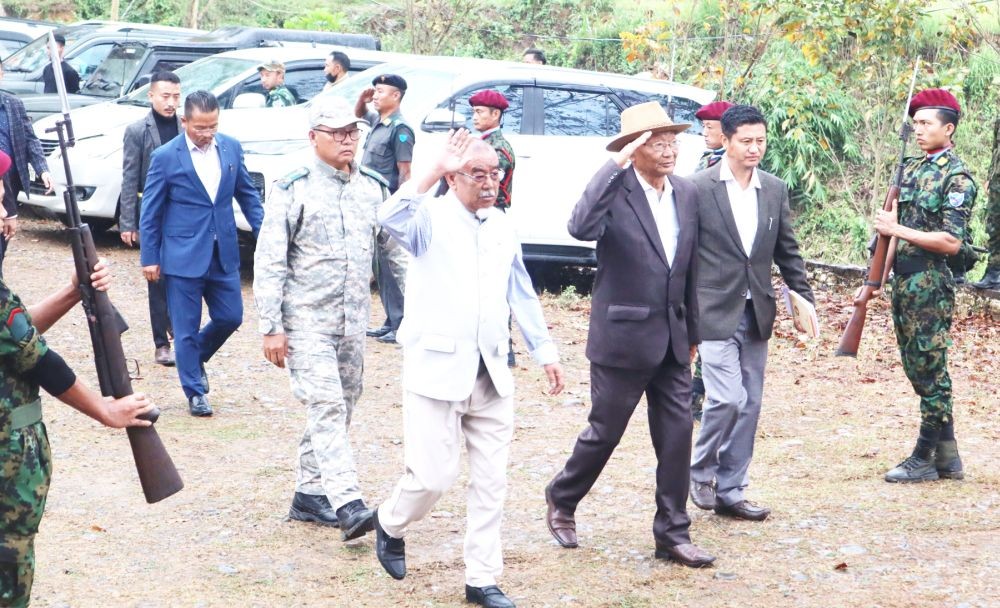 Gen (Retd) Neokpao Konyak, President, GPRN/NSCN; N Kitovi Zhimomi, Ato Kilonser, GPRN.NSCN and other officials during the Naga Republic Day celebration at ‘Naga Unification Camp,’ Khehoyi.